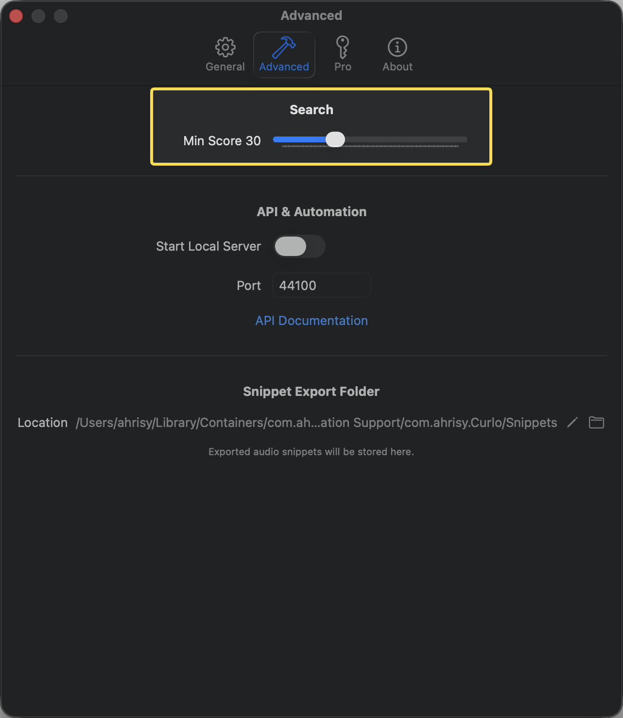 Advanced Settings — configure minimum semantic search score
