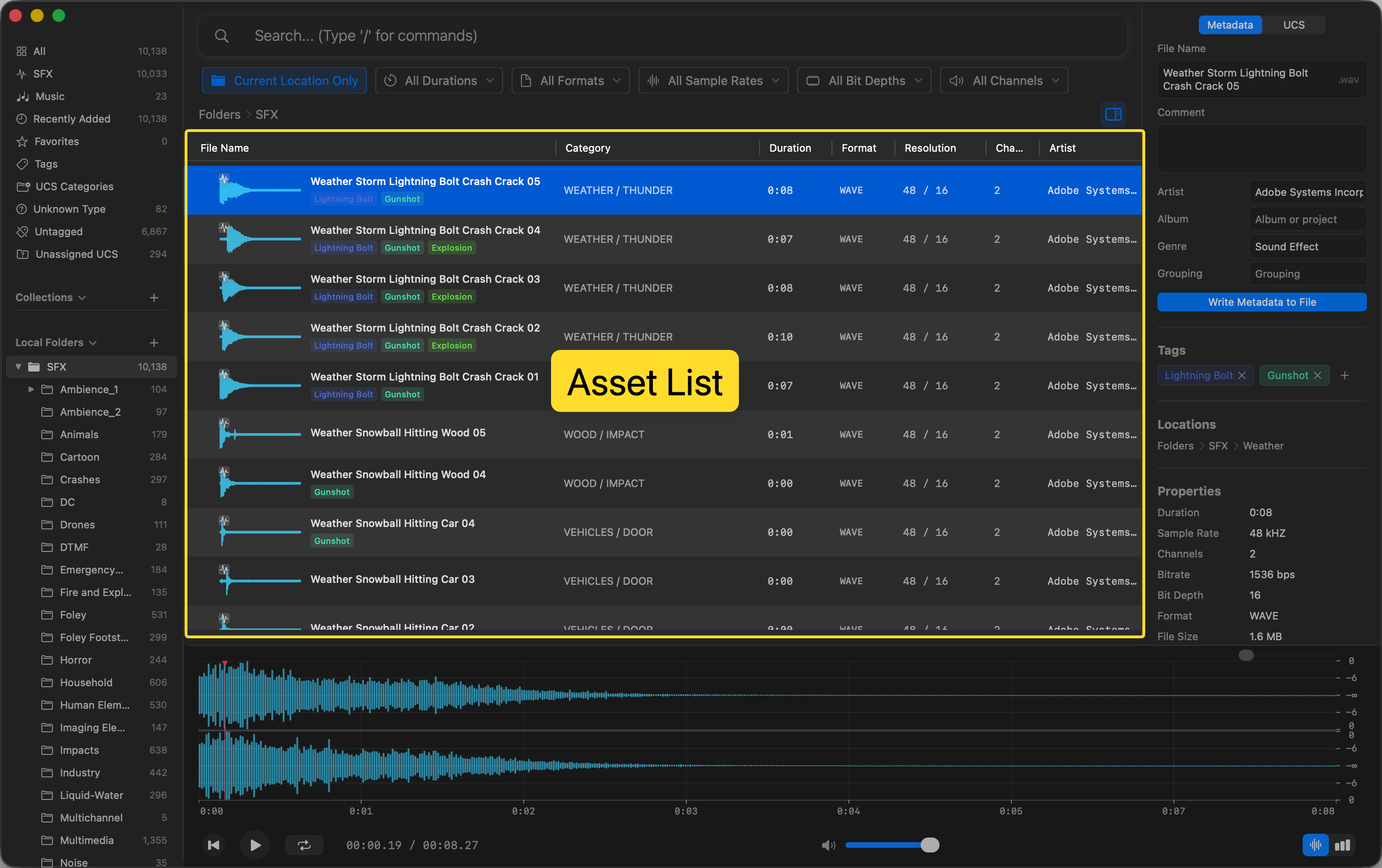 Asset List — browse and select audio files