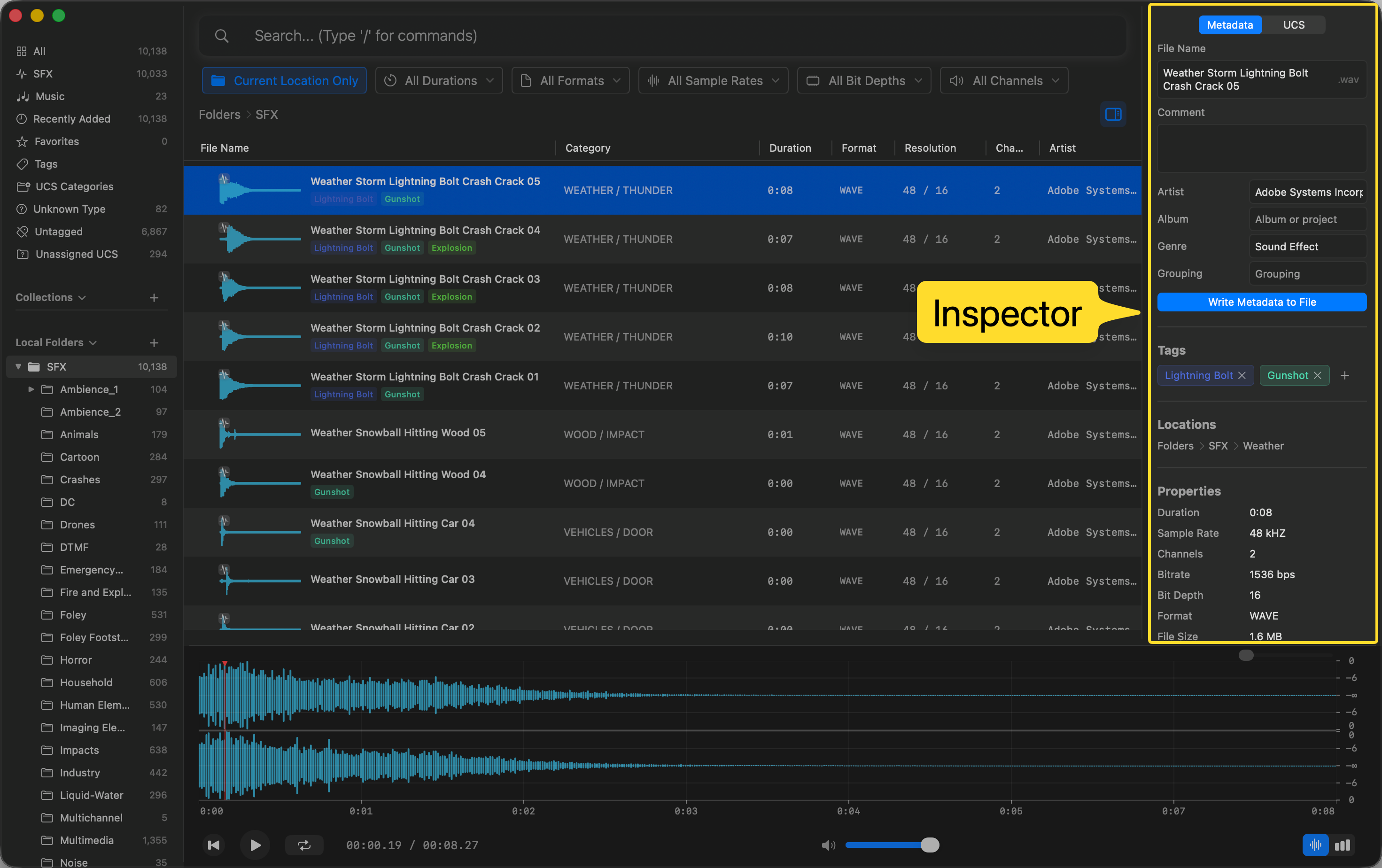 Inspector — view and edit metadata, tags, locations, and file properties