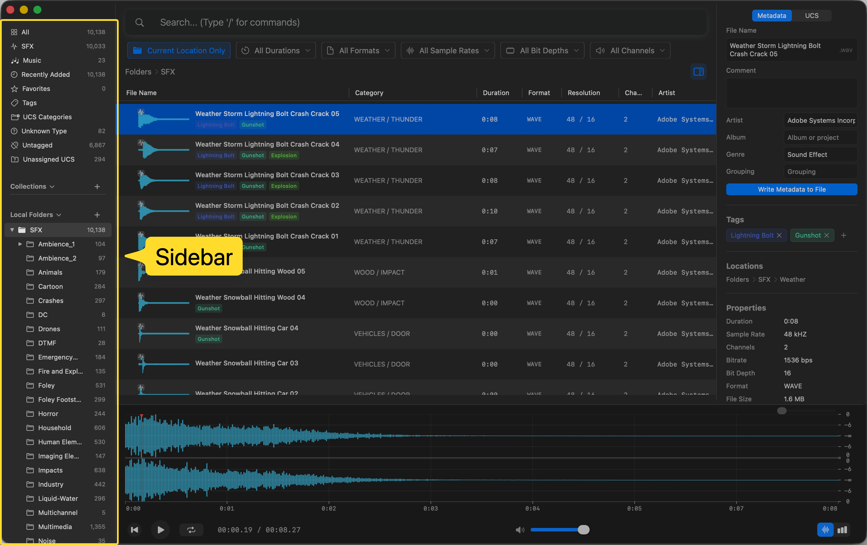 Sidebar — navigate your library, collections, and local folders