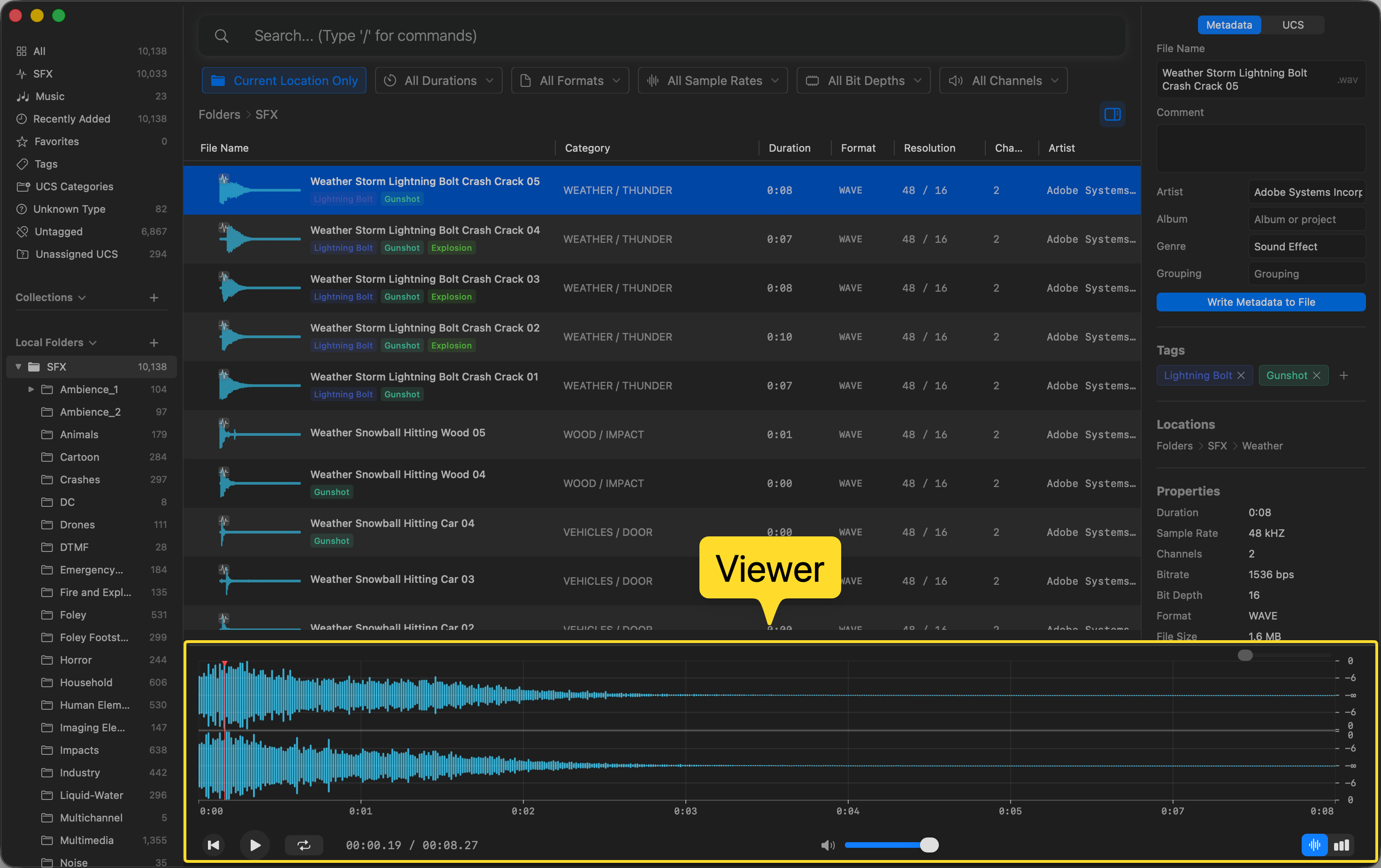 Viewer — preview, play, and scrub through audio waveforms